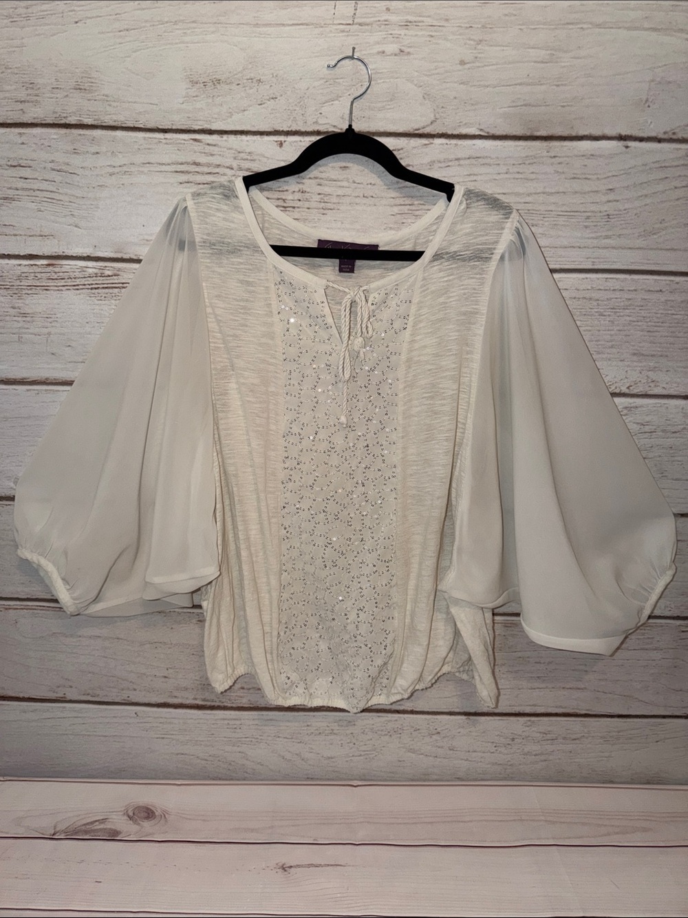 Gloria Vanderbilt Large Ivory Boho Sequin Chiffon Sleeve Blouse